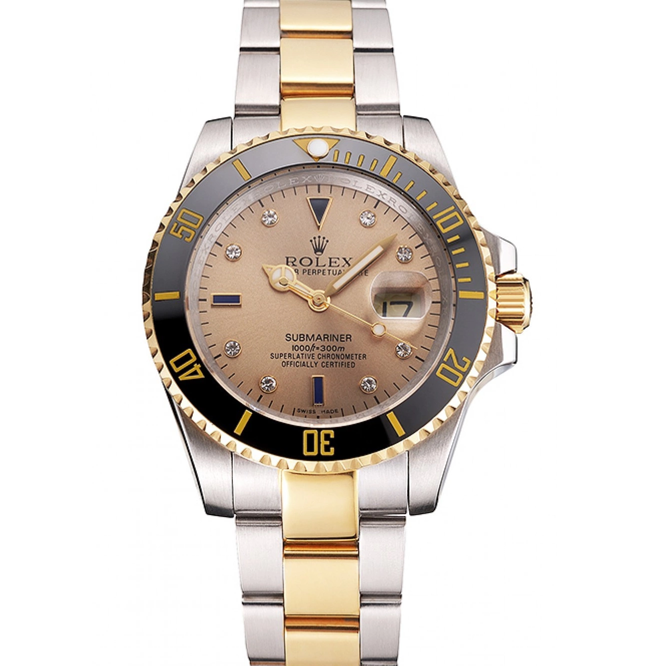 Aaa replica Bezel Black Markings Steel Swiss Diamond Tone Rolex Submariner Bracelet Dial Gold Two Gold 0521
